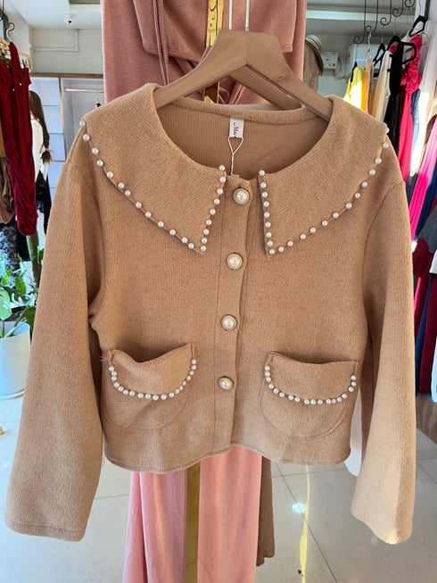 Pearl Decor Peter Pan Collar Cardigan